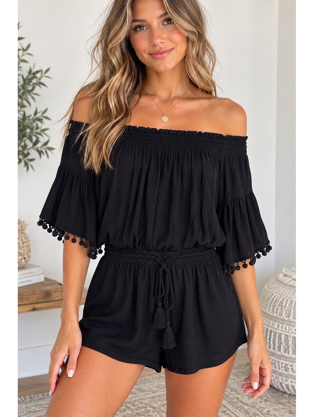 Anthropologie Lilka Black Off Shoulder Pom Pom Romper XS Boho